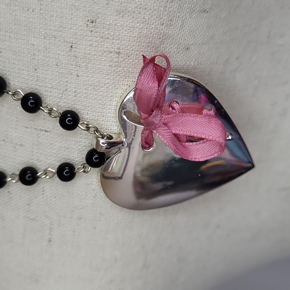 Metal Mirror Heart Necklace Pink ribbon black beads 15" 2004 Y2k Style - Picture 3 of 11